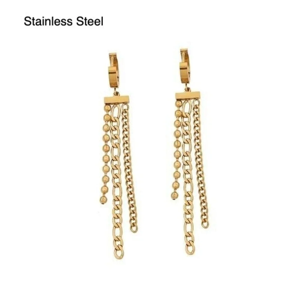 Gold Stainless Steel Multi Strand Tassel‎ Huggie Hoop Dangle Drop Earrings Long